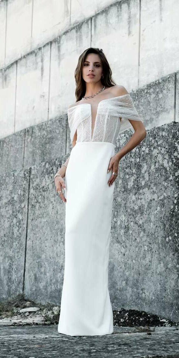 Robe de mariée glamour bustier manches off shoulder Manon Gontero