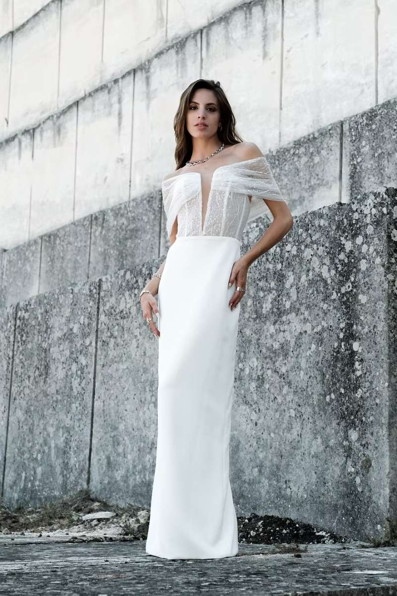 Robe de mariée glamour bustier manches off shoulder Manon Gontero