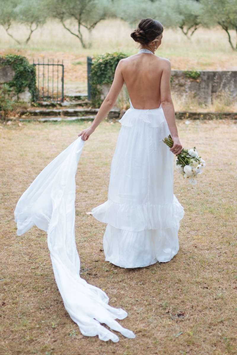 Robe de mariée sans dentelle fluide grand nu Donatelle Godart