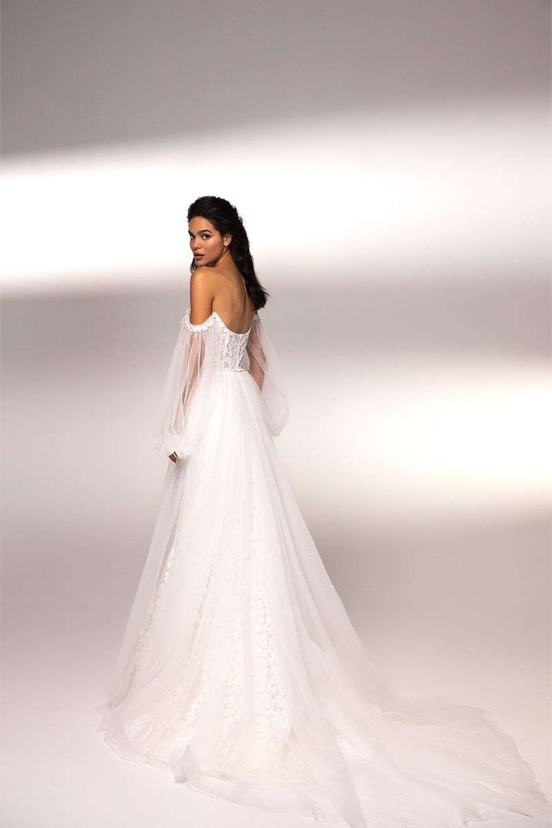 Robe de mariée bustier manches bouffantes et traîne amovible Elly Bride
