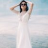 Robe de mariée col bateau en dentelle et mousseline fluide