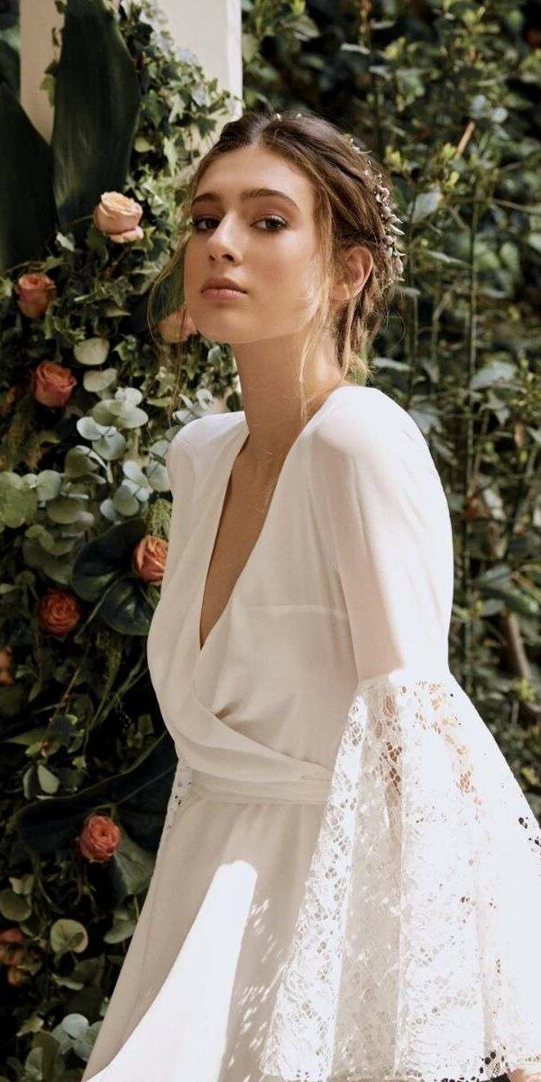 Robe de mariée longueur midi fluide manches longues Maison Ju