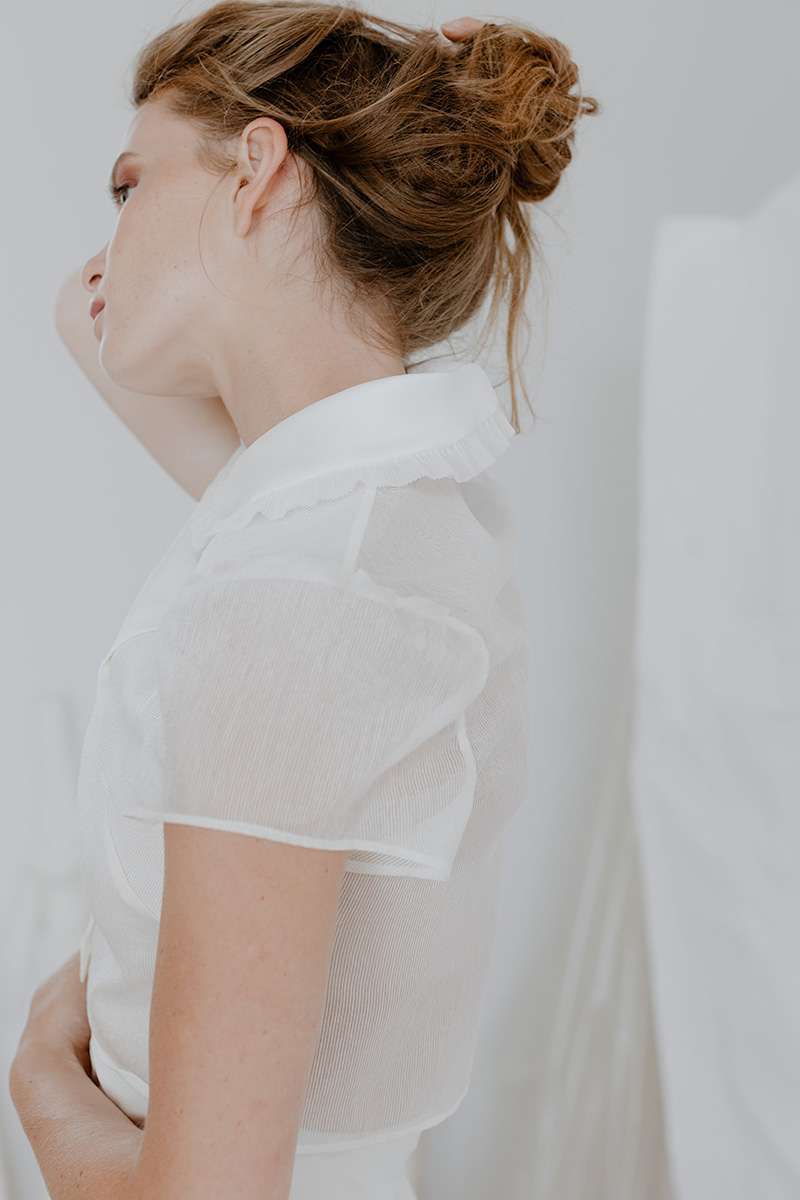 Crop top pour ensemble de mariée en organza plissé Salomé Gautard