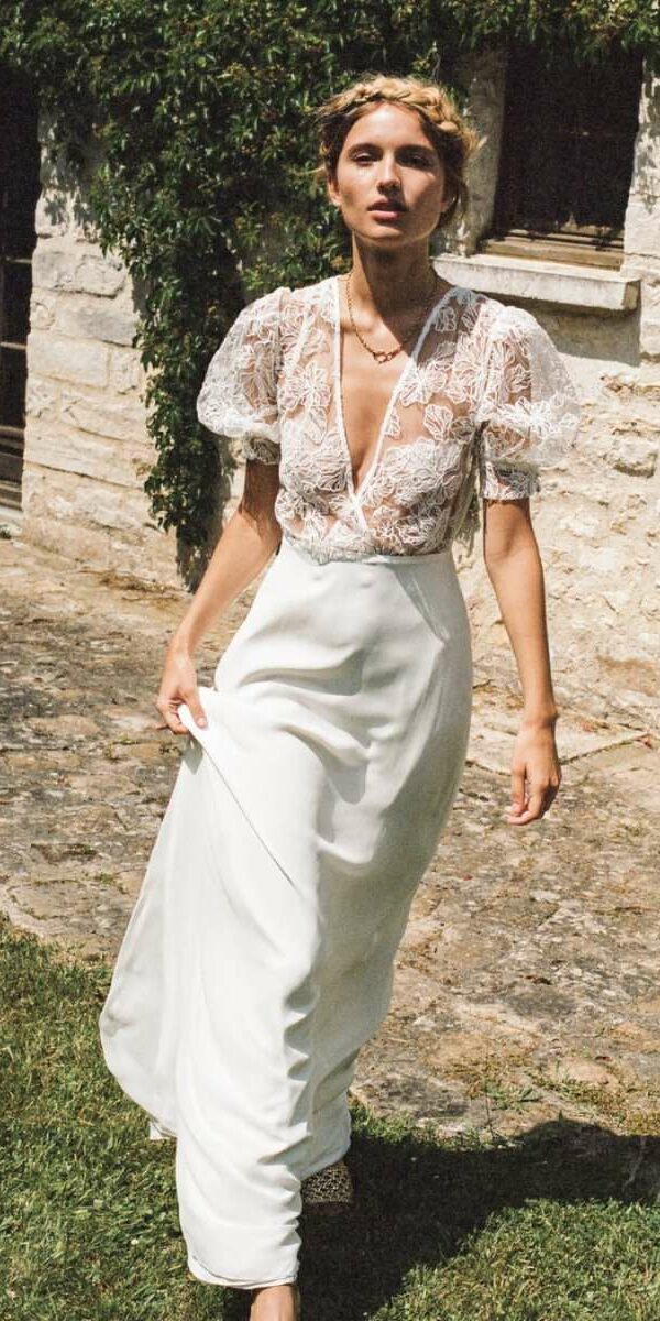 Robe de mariée retro fluide col cache-coeur Donatelle Godart
