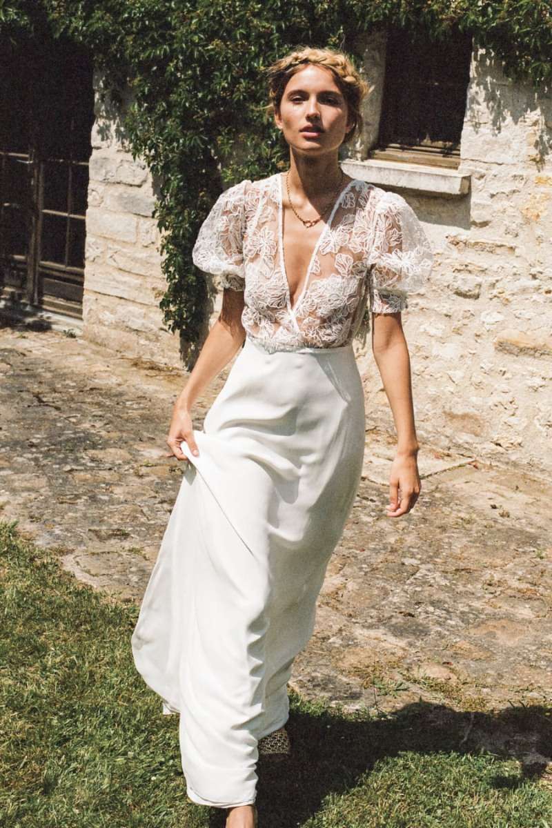 Robe de mariée retro fluide col cache-coeur Donatelle Godart