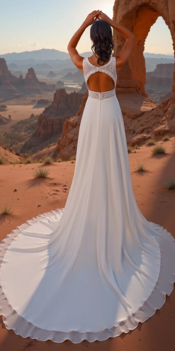 Robe de mariée dos nu inversé en dentelle et mousseline de seconde main