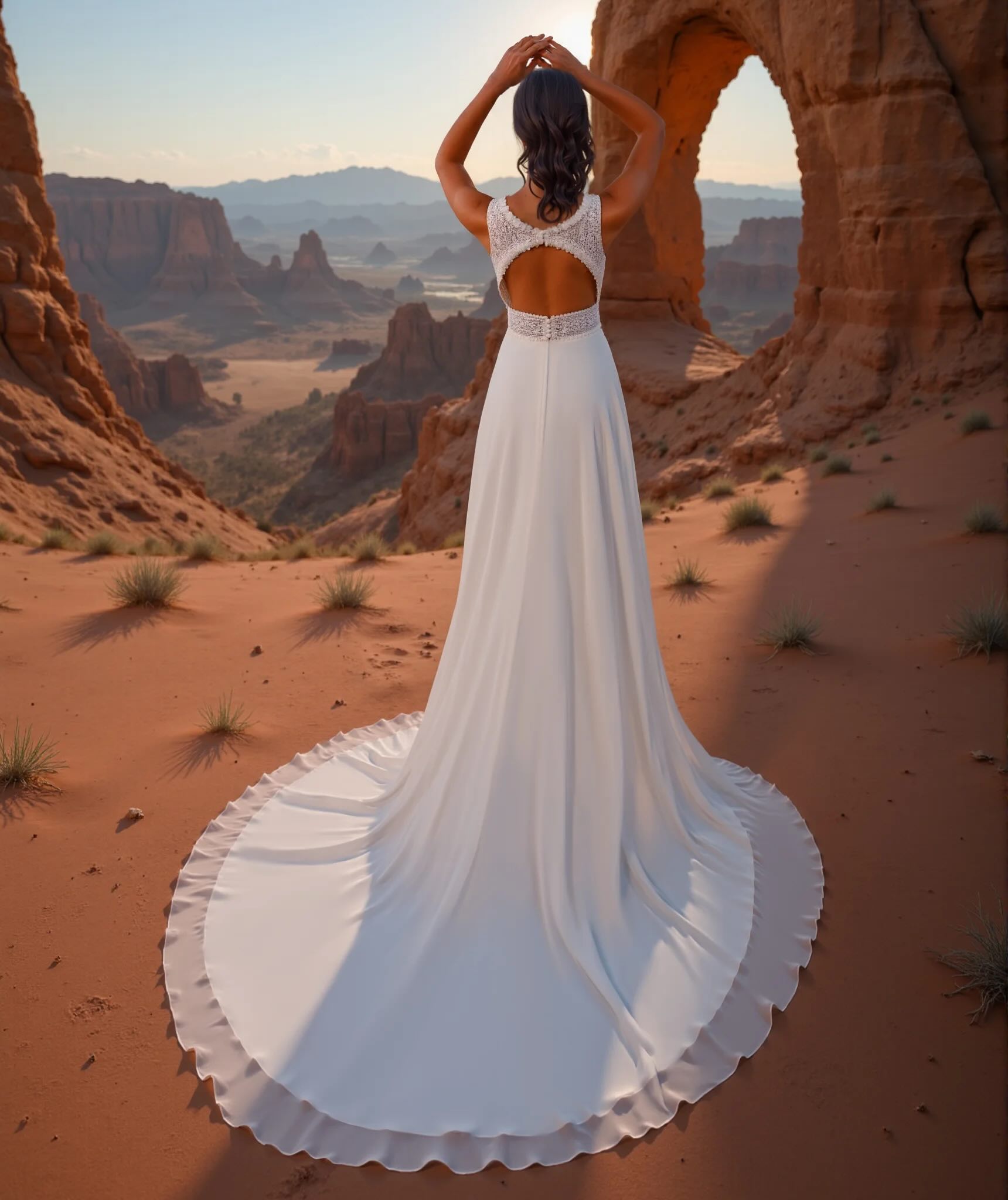Robe de mariée dos nu inversé en dentelle et mousseline de seconde main