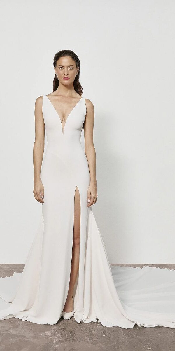 Robe de mariée minimaliste sans dentelle dos nu fendue