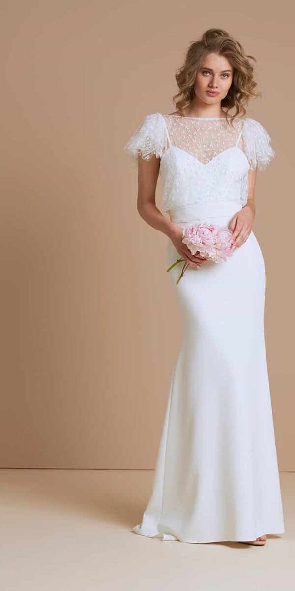 Robe de mariée 2 pièces avec top en dentelle manches courtes amovible