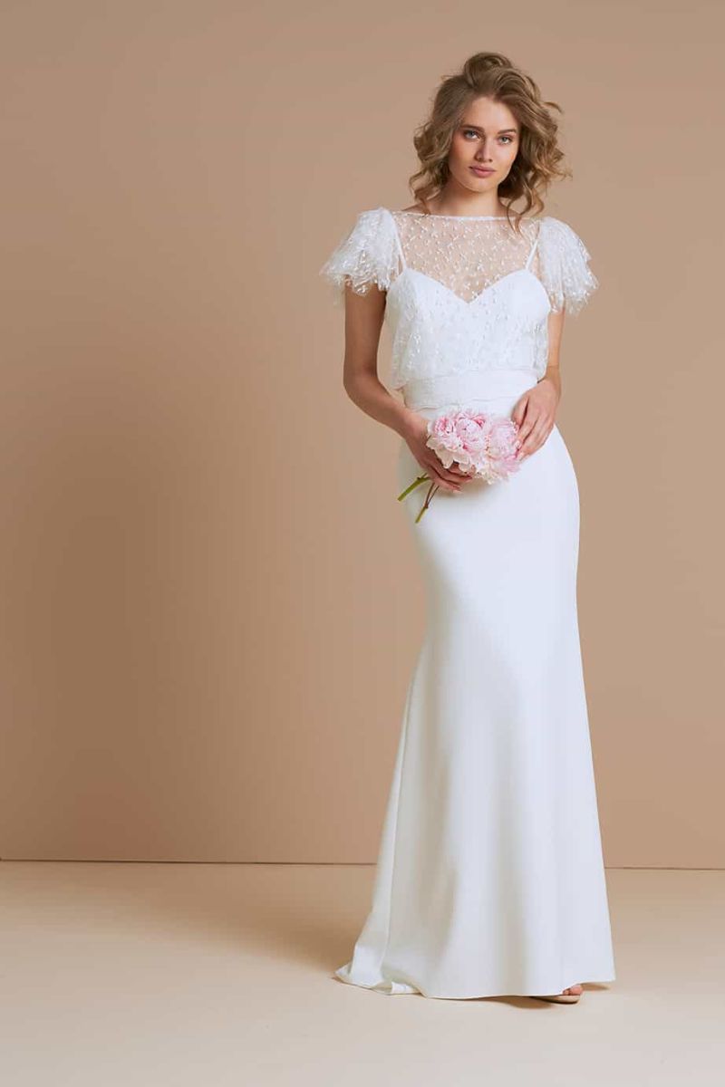 Robe de mariée 2 pièces avec top en dentelle manches courtes amovible